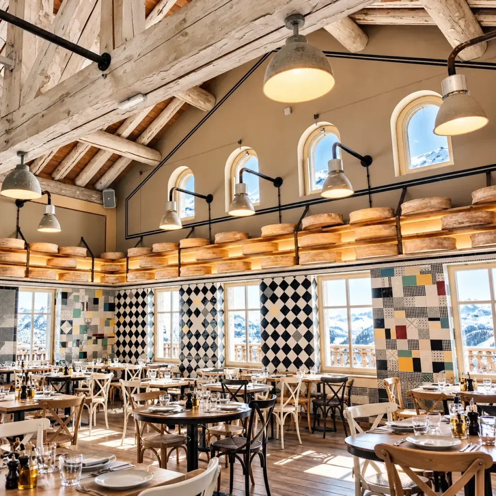 Bright dining room interior at La Folie Douce Méribel