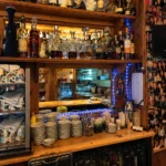 Wooden bar and dining area inside La Saulire Courchevel