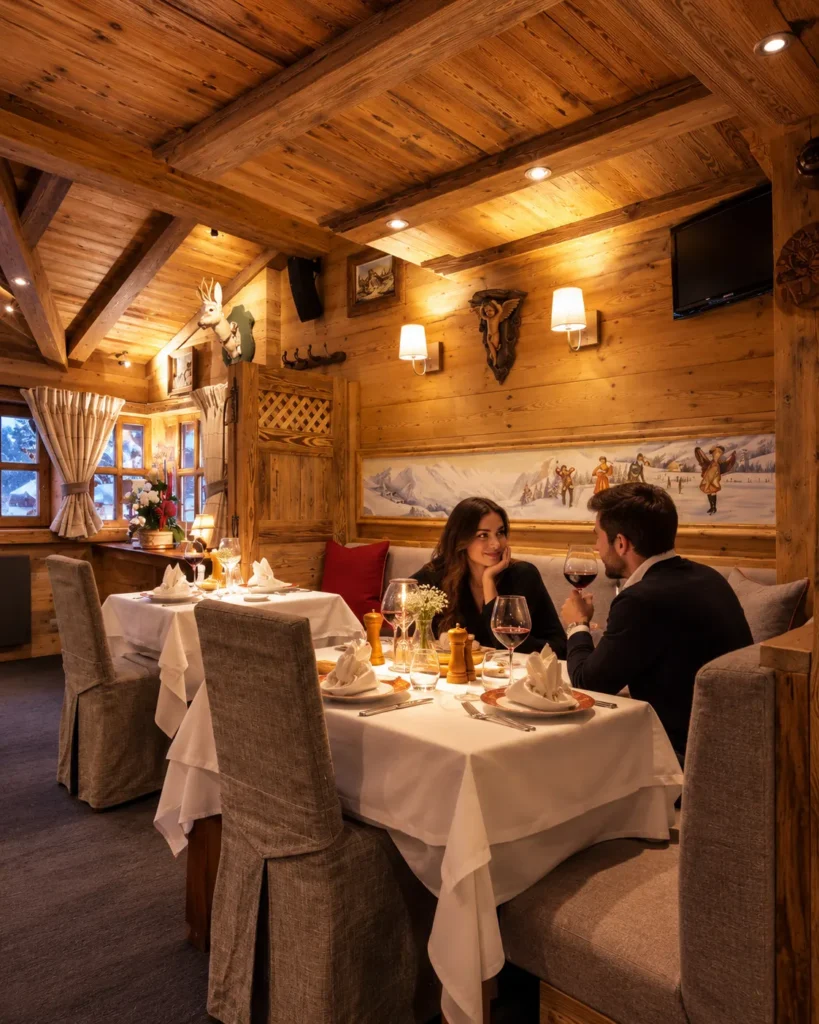 Guests enjoying dinner in the cozy interior of La Saulire Courchevel