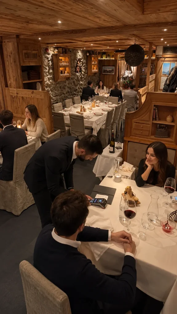 Guests dining in the rustic interior of La Saulire Courchevel