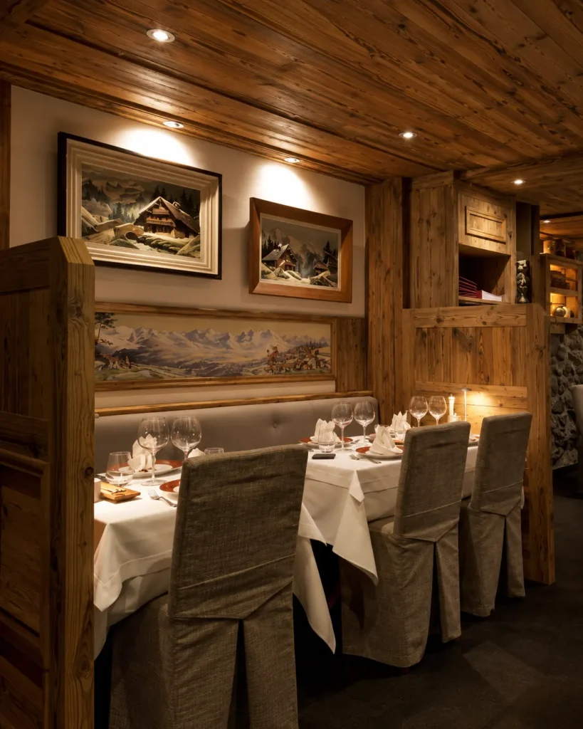 Traditional wood-paneled dining room at La Saulire Courchevel
