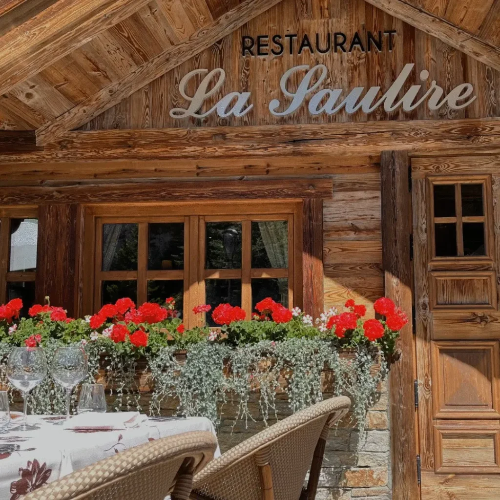 Exterior entrance of La Saulire restaurant in Courchevel