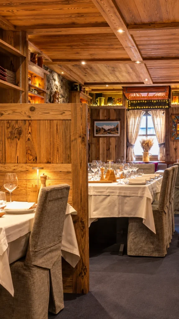 Rustic wood interior and dining tables at La Saulire Courchevel