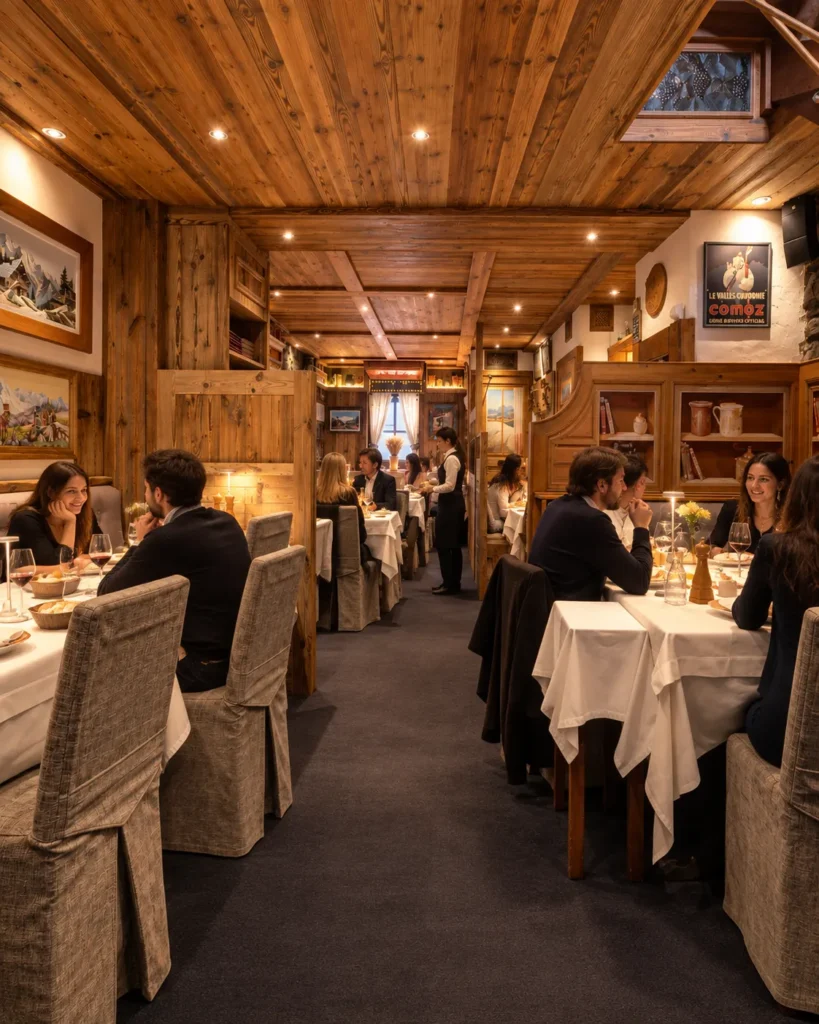 Traditional alpine restaurant interior at La Saulire Courchevel