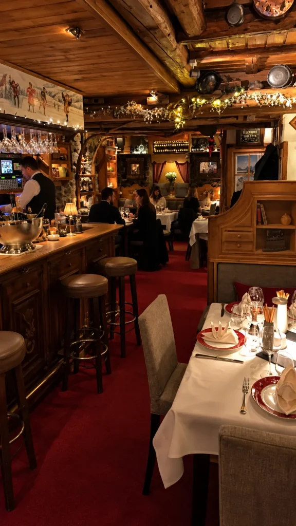 Warm wood-paneled restaurant interior at La Saulire Courchevel