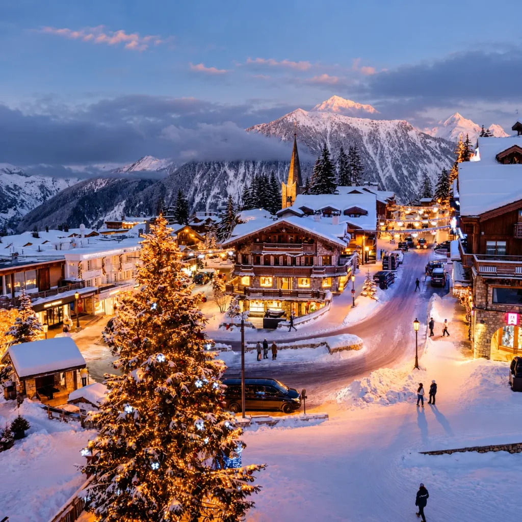 Snow-covered Courchevel village and mountains near La Saulire