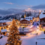 Snow-covered Courchevel village and mountains near La Saulire