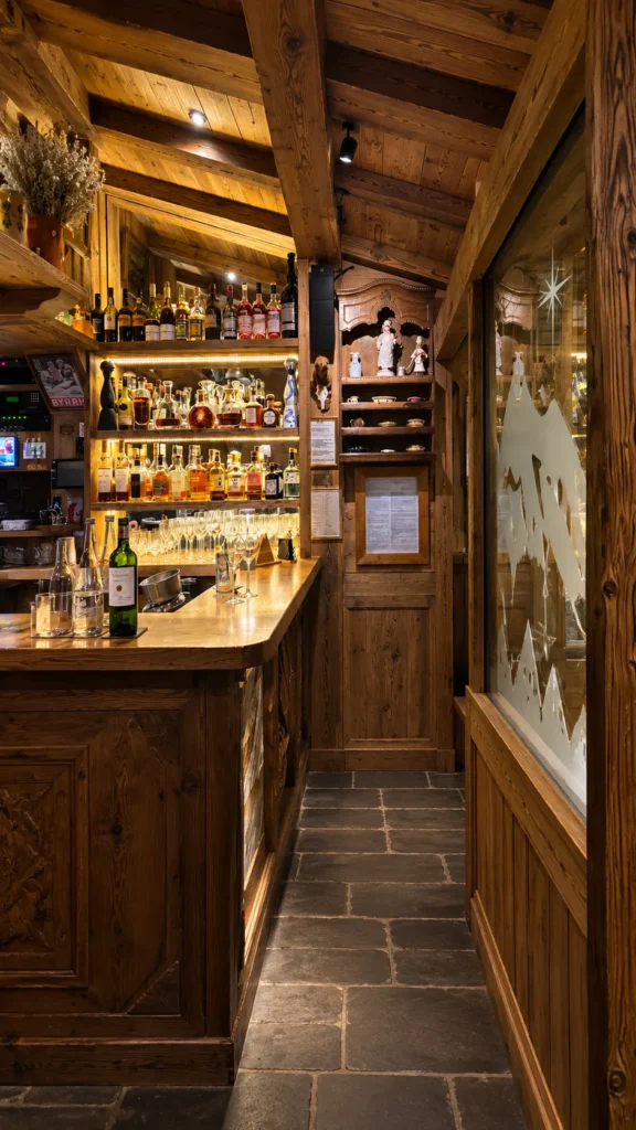 Wine and spirits displayed in the wooden cellar at La Saulire Courchevel