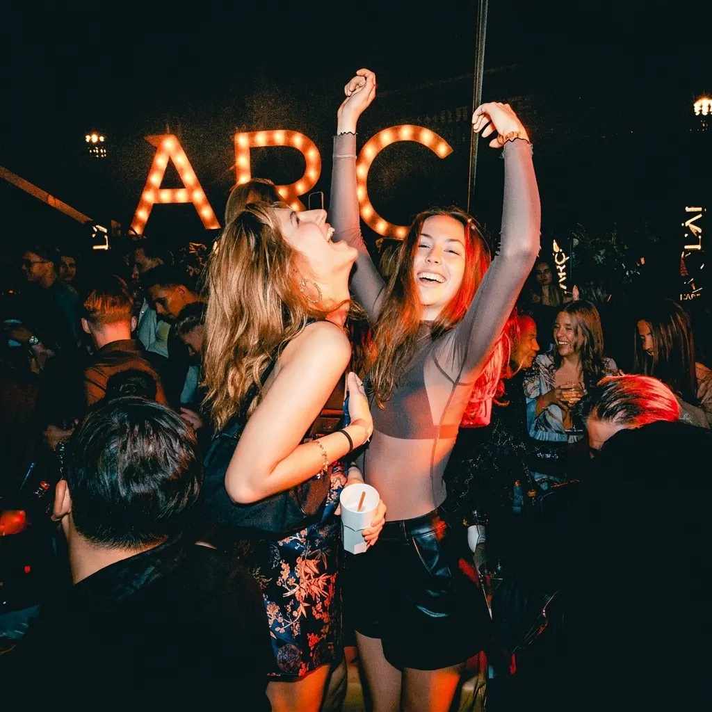 Guests dancing beneath the L'Arc Paris illuminated sign