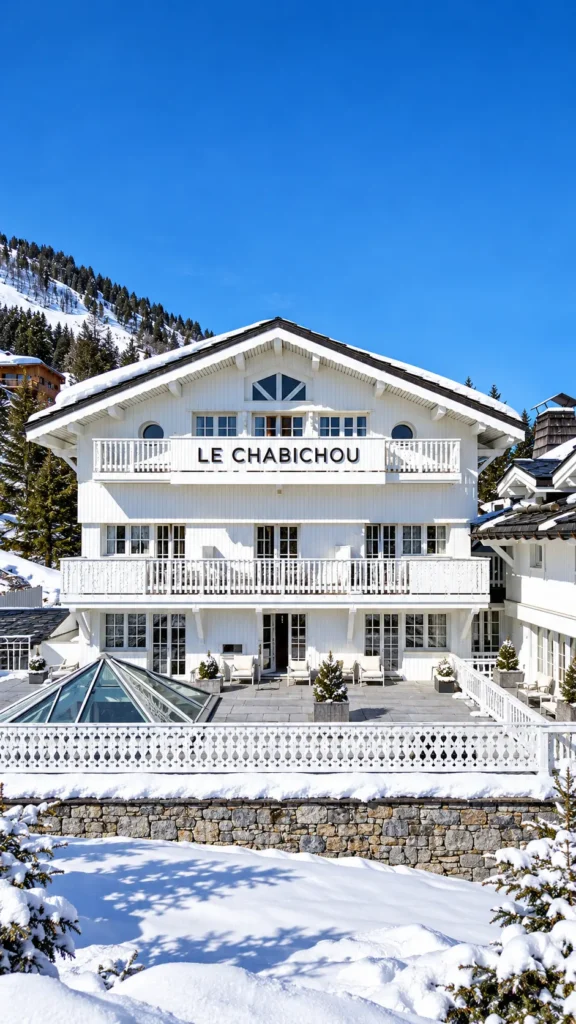 Alpine exterior of Le Chabichou Courchevel against a clear blue sky