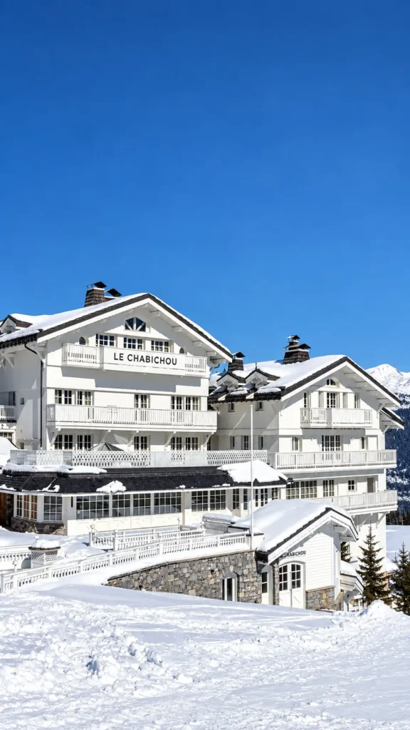 Snow-covered exterior of Le Chabichou Courchevel