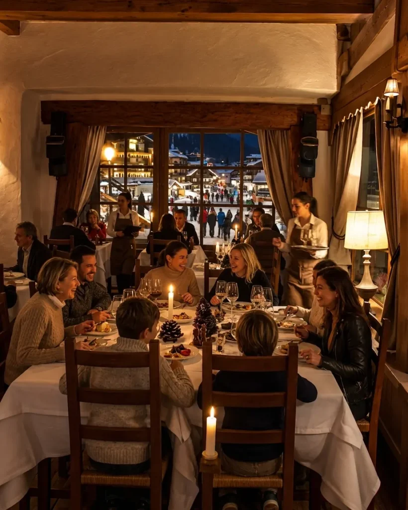 Guests dining inside the warm alpine dining room at Le Genepi Courchevel