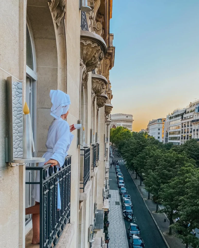 Hotel balcony overlooking Paris at Le Royal Monceau