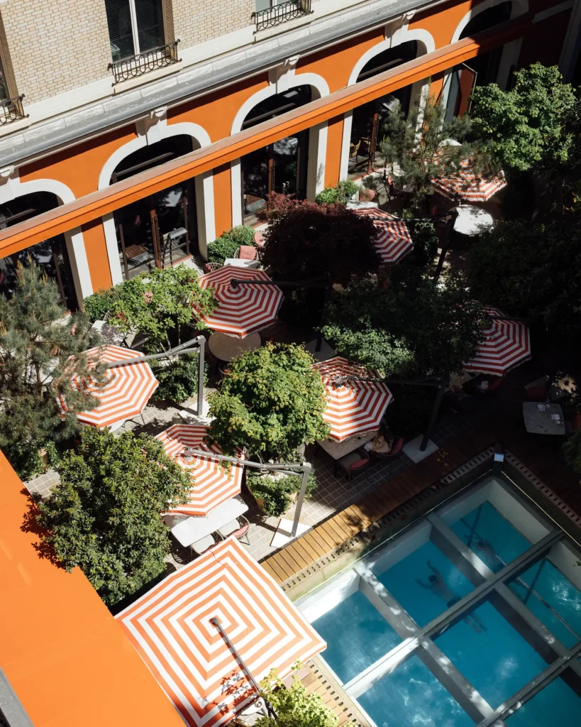 Aerial view of the courtyard and pool at Le Royal Monceau Paris
