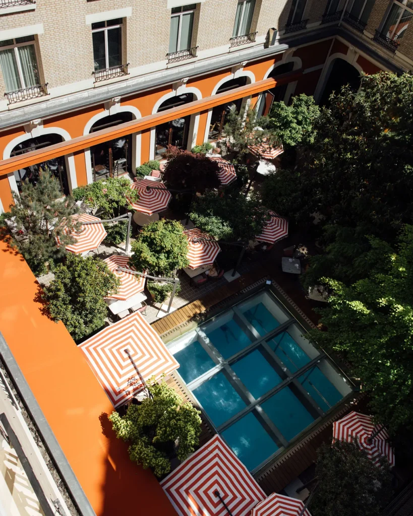 Aerial view of the pool courtyard at Le Royal Monceau Paris