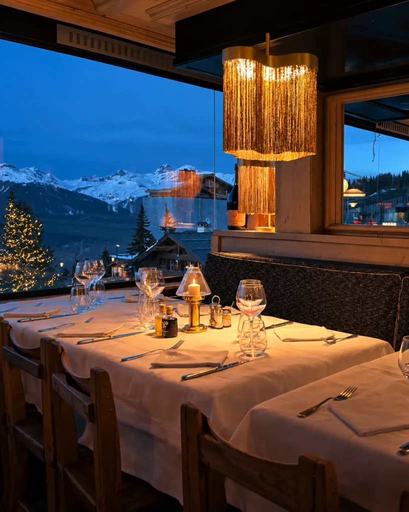 Elegant dining table inside Le Tremplin Courchevel with mountain views