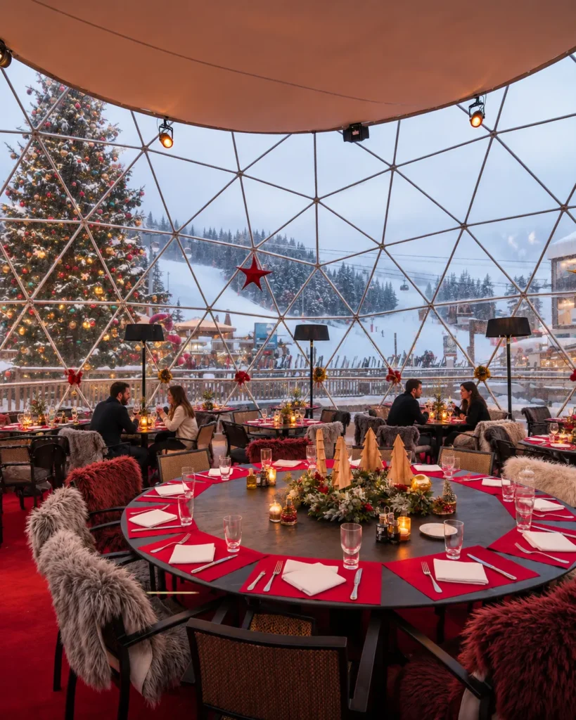 Covered terrace dining area at Le Tremplin Courchevel with red tablecloths