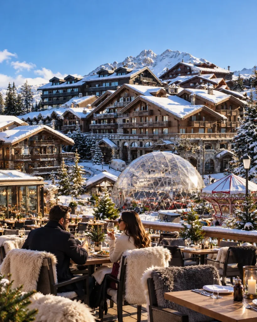 Le Tremplin Courchevel terrace overlooking the snowy mountain landscape