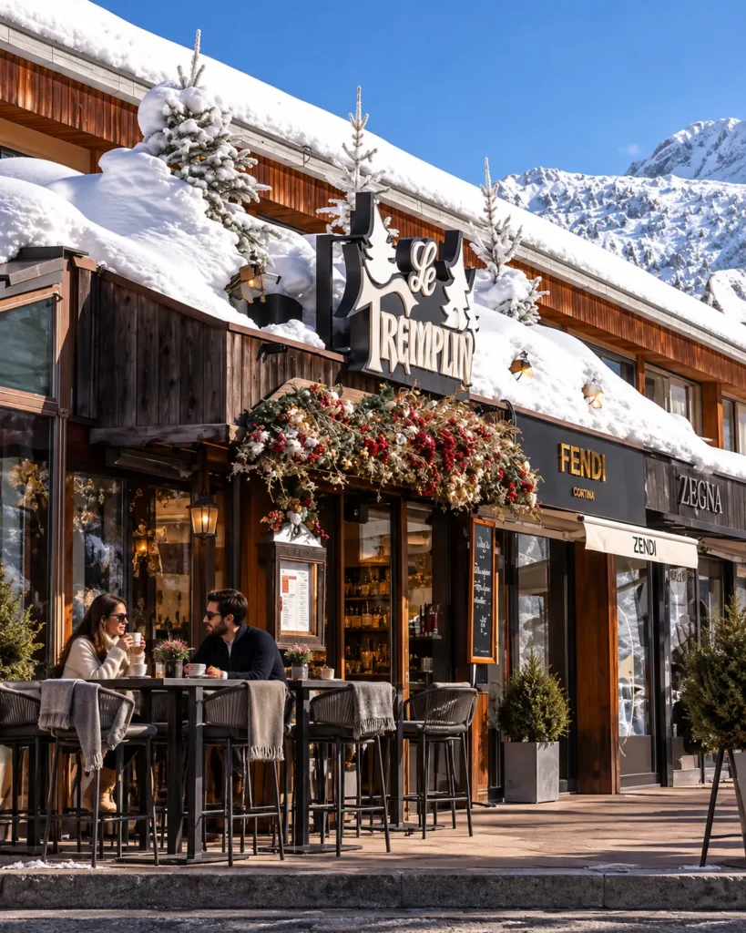 Le Tremplin Courchevel restaurant exterior with wooden chalet architecture