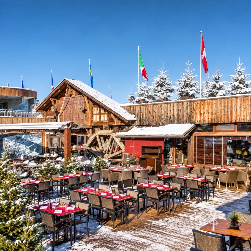 Outdoor terrace at Le Tremplin Courchevel with mountain views
