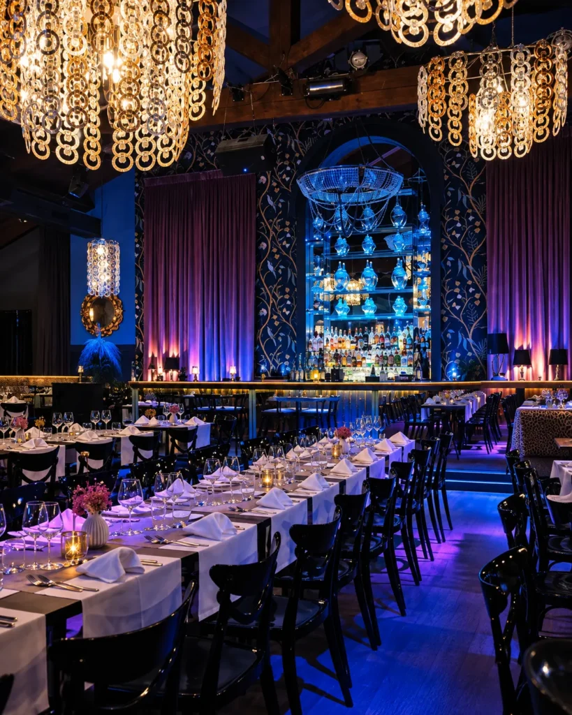Elegant dining room with chandeliers and a stage at Maison Milano