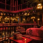 Upper-level balcony and red velvet seating inside Pachamama Paris