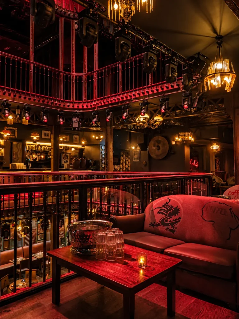 Upper-level balcony and red velvet seating inside Pachamama Paris