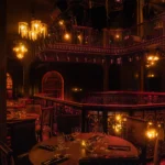 Multi-level dining room with warm lighting at Pachamama Paris