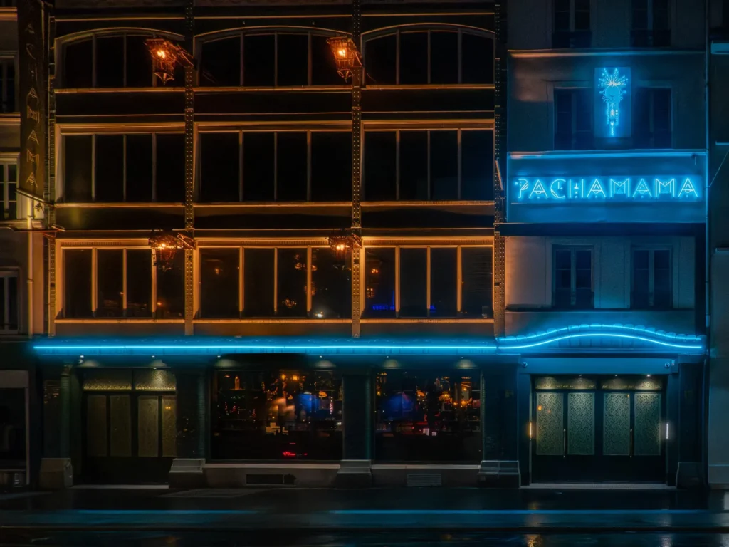 Pachamama Paris restaurant exterior illuminated at night