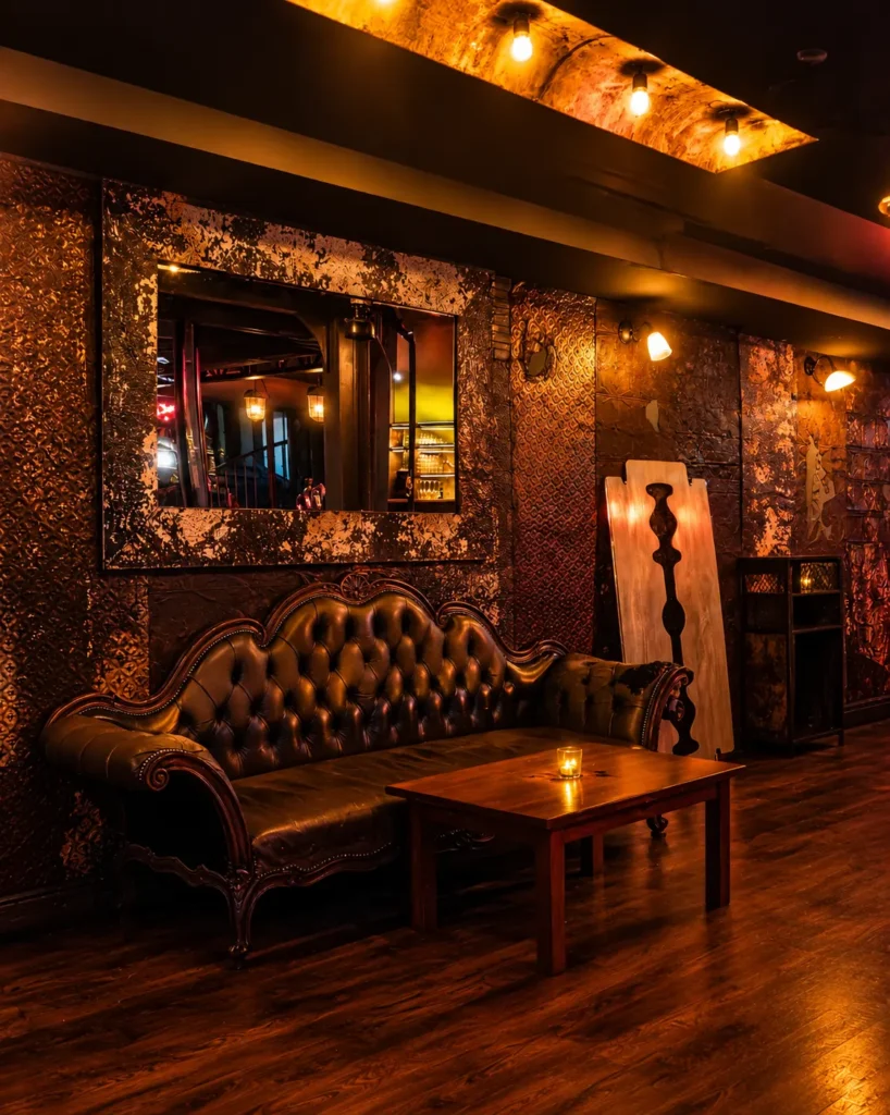 Warmly lit restaurant interior with leather seating at Pachamama Paris