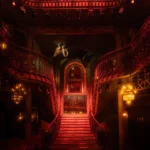 Dramatic illuminated staircase inside Pachamama Paris