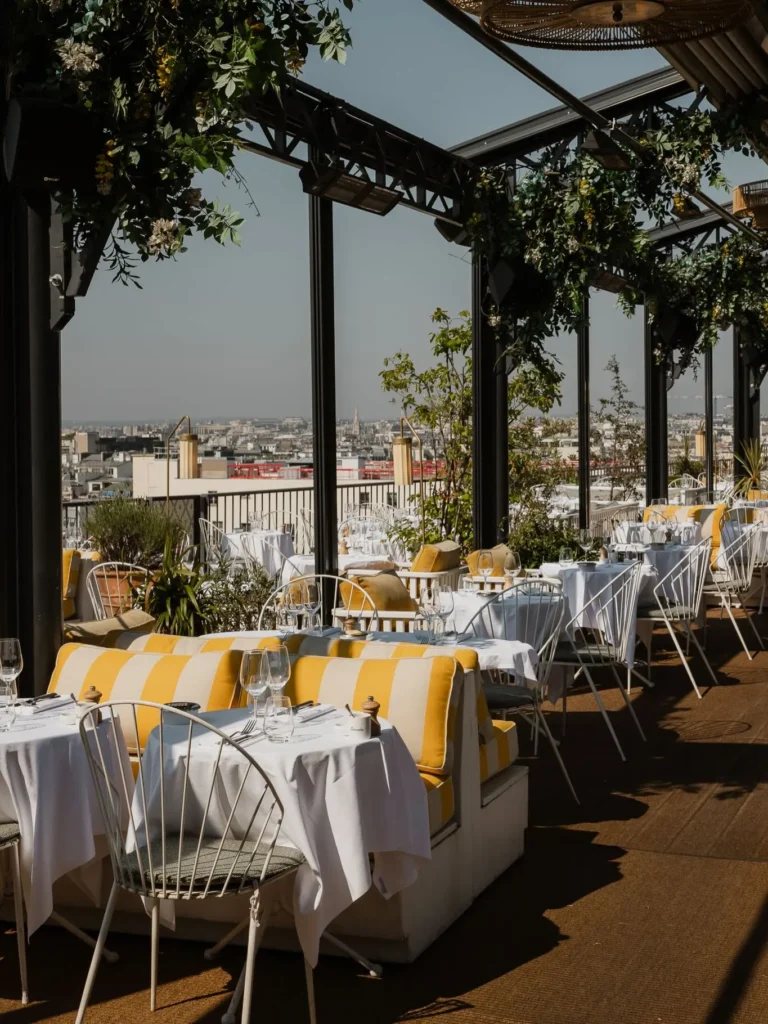Outdoor terrace seating at Perruche Paris overlooking the city