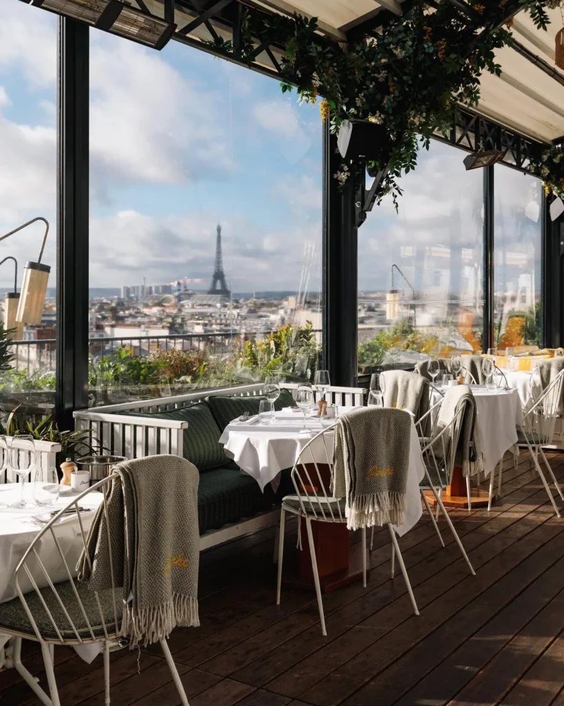 Outdoor dining terrace at Perruche Paris overlooking the city