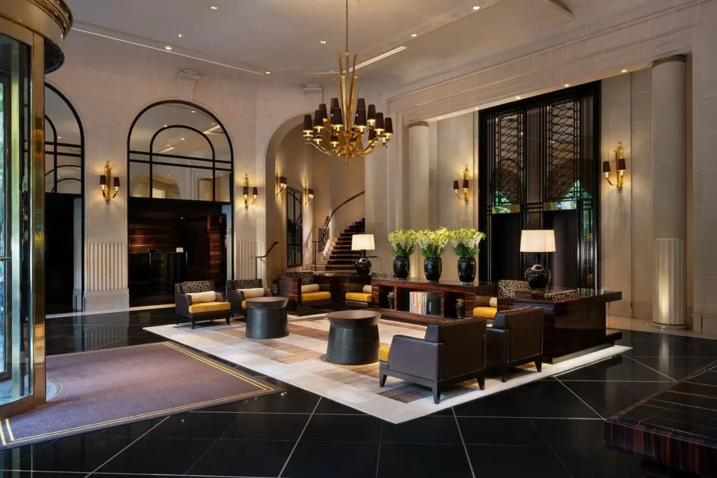 Grand hotel lobby with elegant seating at the Prince de Galles Paris