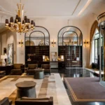 Elegant hotel lobby with chandeliers at the Prince de Galles Paris