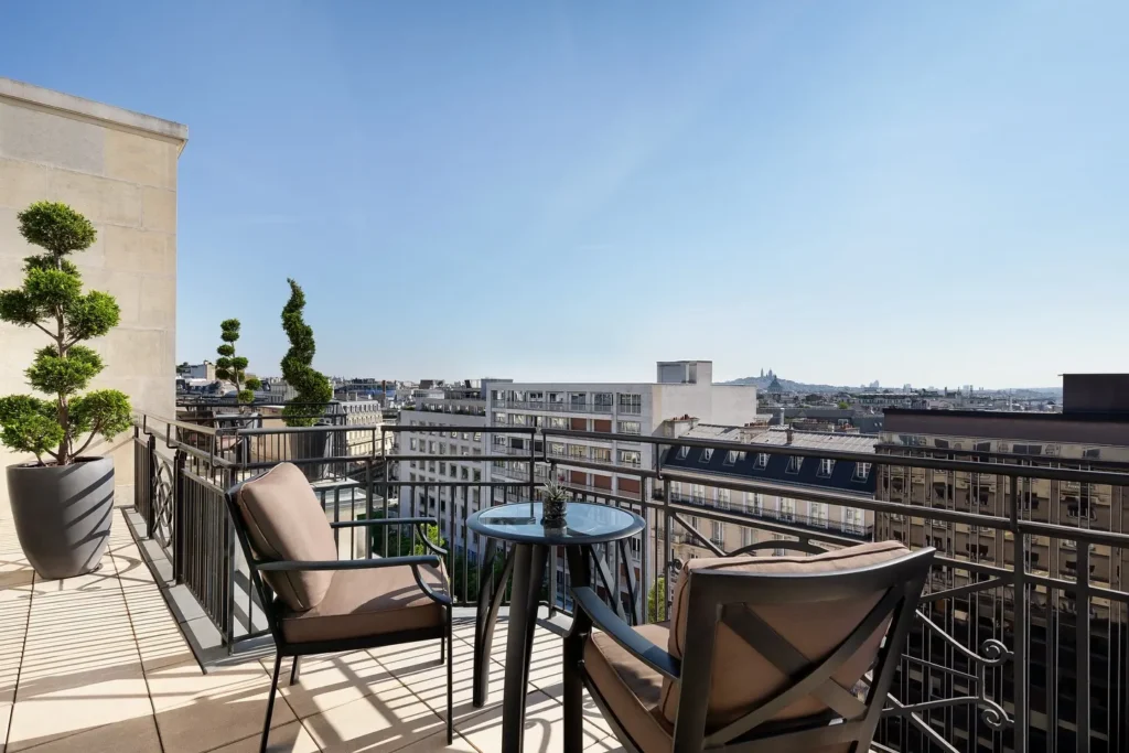 Rooftop terrace with panoramic Paris views at the Prince de Galles Paris