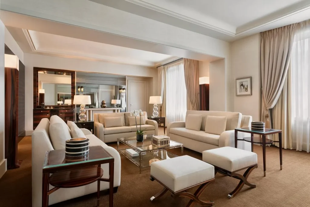Elegant suite living room at the Prince de Galles Paris