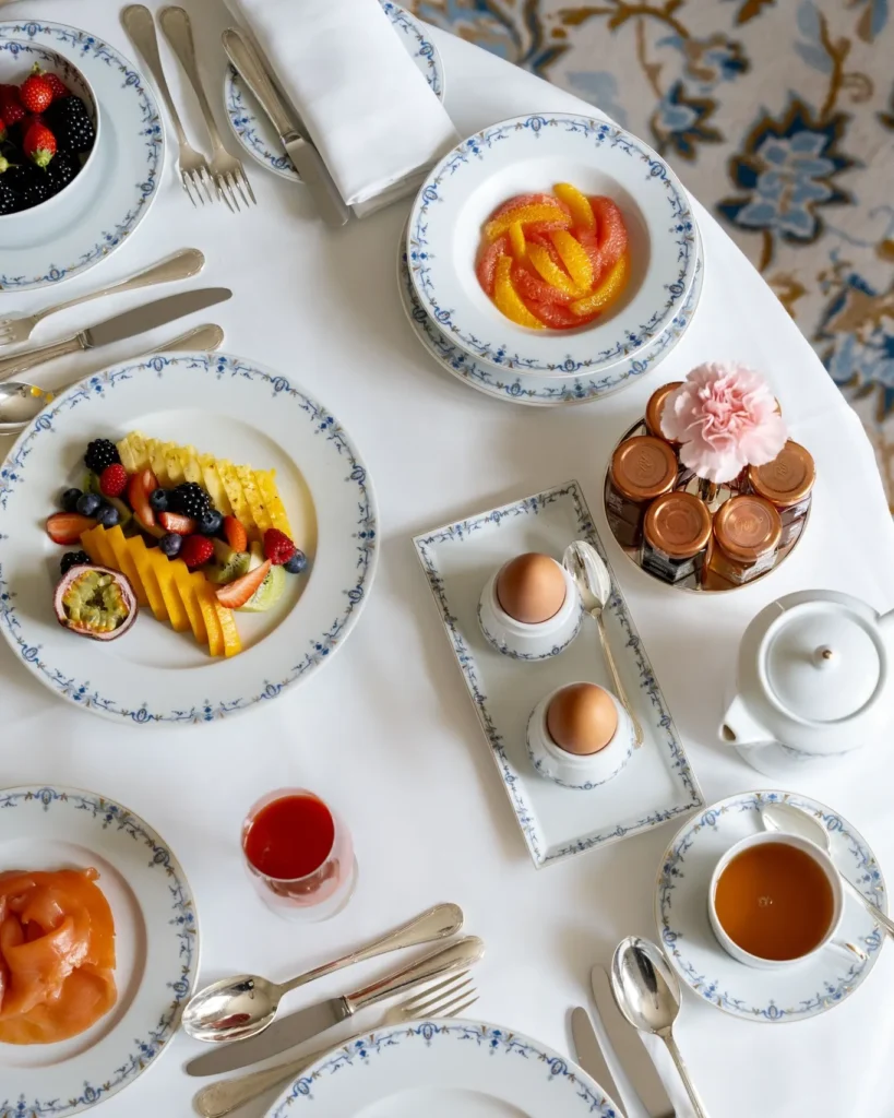 Breakfast spread served on an elegant table at the Ritz Paris