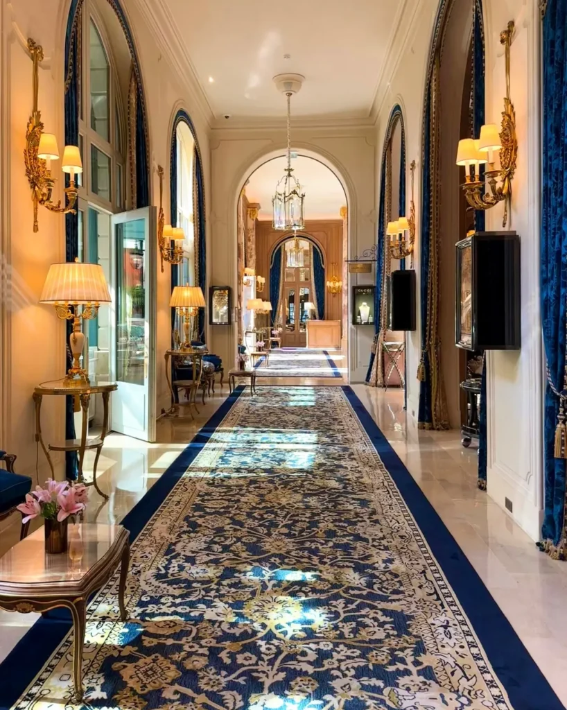 Classic hotel corridor with ornate decor at the Ritz Paris