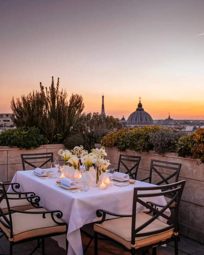 Outdoor dining table overlooking the Paris skyline at the Ritz Paris