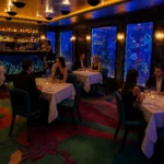 Atmospheric blue-lit dining room at Scott's Mayfair
