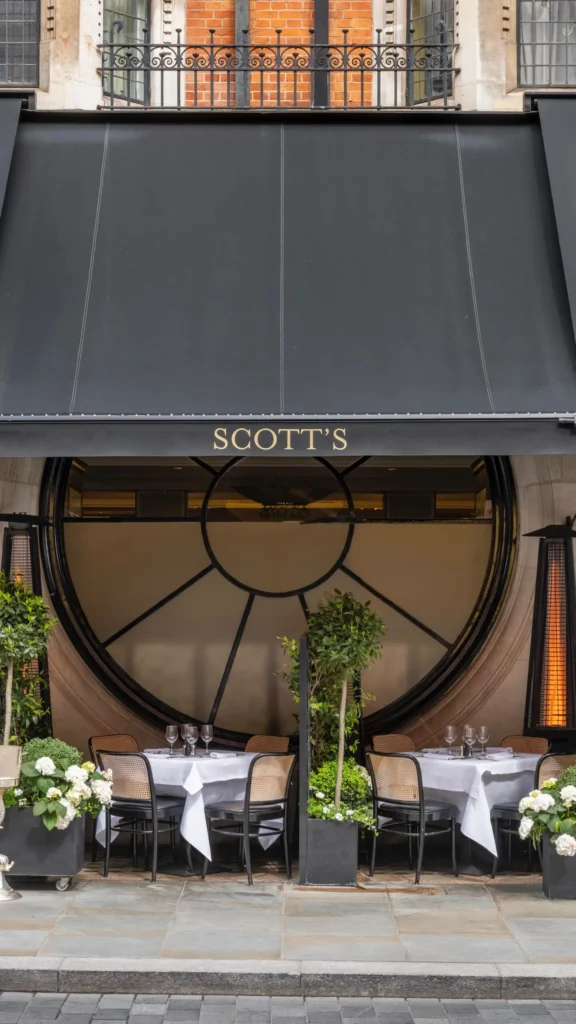 Scott's Mayfair exterior with its distinctive restaurant awning