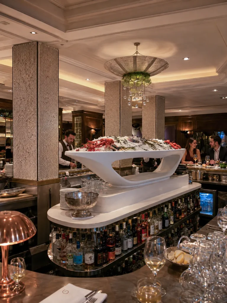 Oyster display and bar seating at Scott's Mayfair