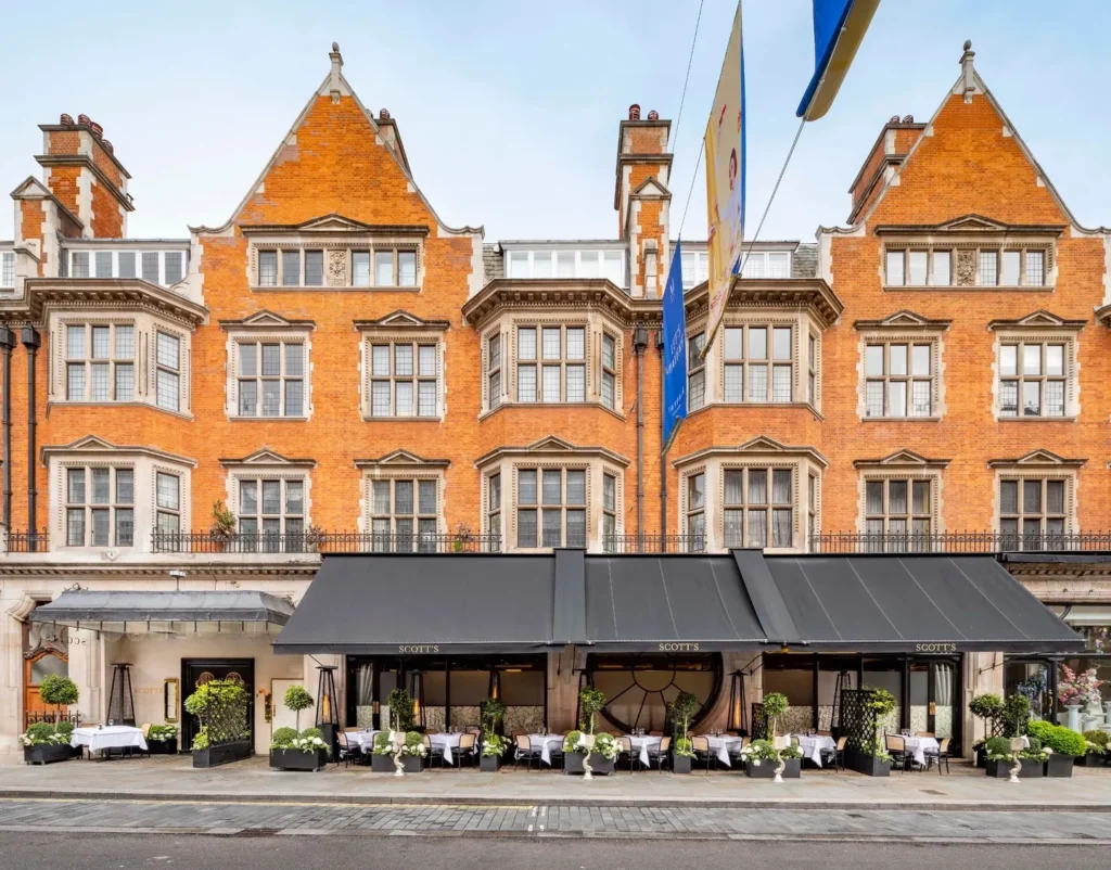 Scott's Mayfair restaurant facade and outdoor terrace in London