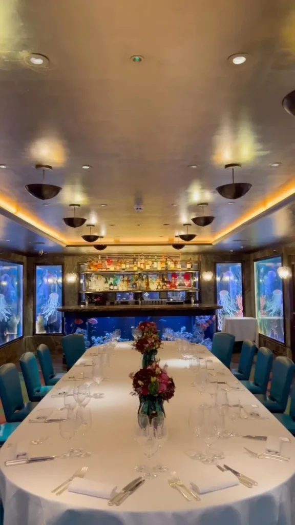Luxurious interior corridor and dining area at Scott's Mayfair