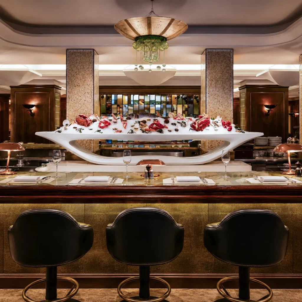 Seafood display and bar seating inside Scott's Mayfair