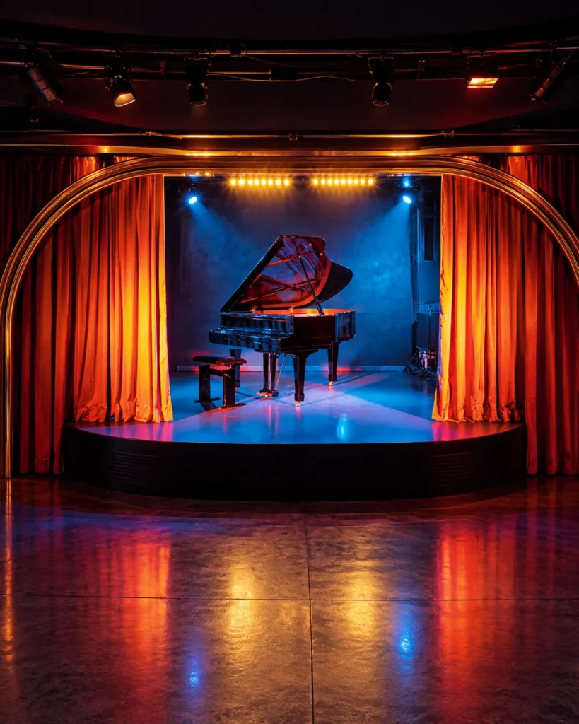 Piano stage with curtains inside Silencio Club Paris