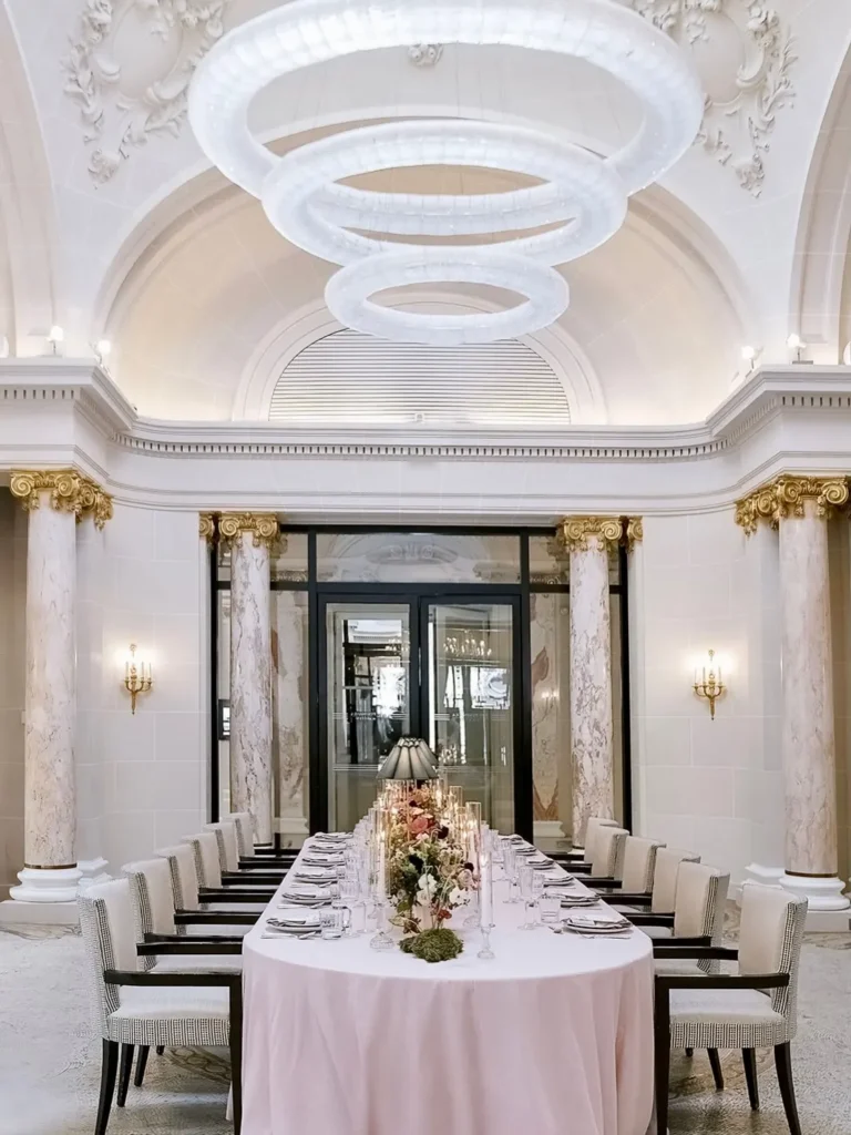 Elegant dining room with ornate ceilings at The Peninsula Paris
