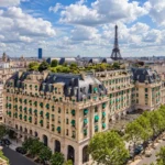 Aerial view of The Peninsula Paris with the Eiffel Tower in the background