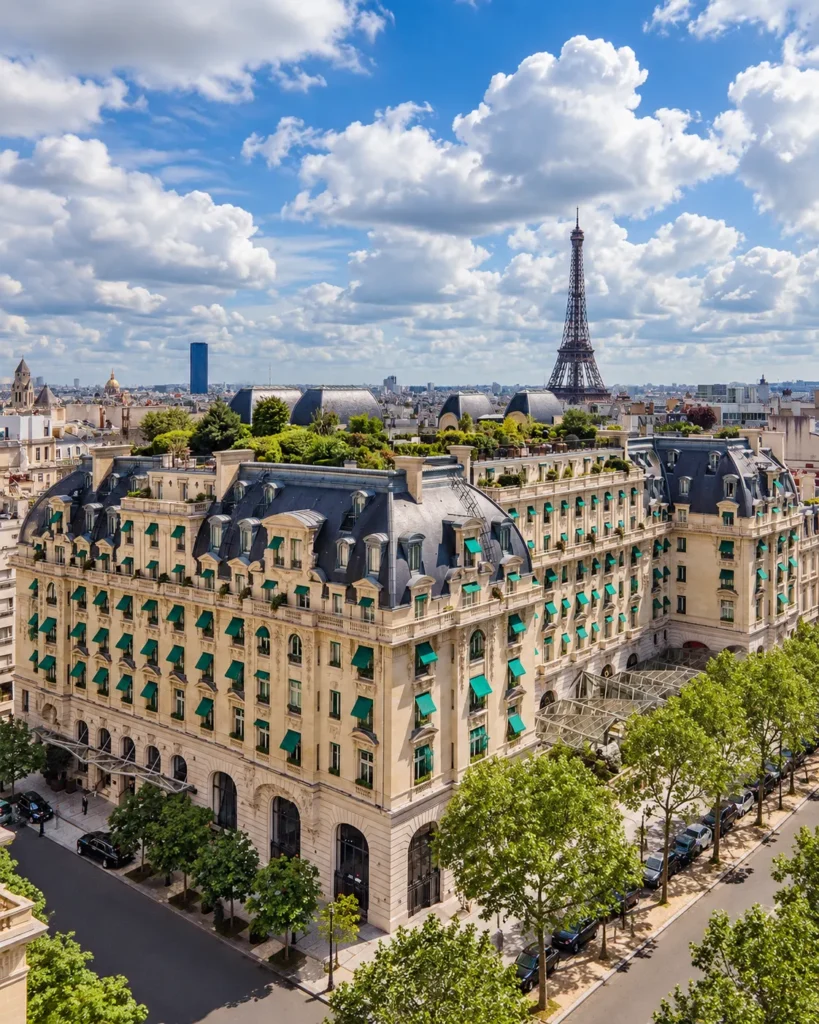 Aerial view of The Peninsula Paris with the Eiffel Tower in the background